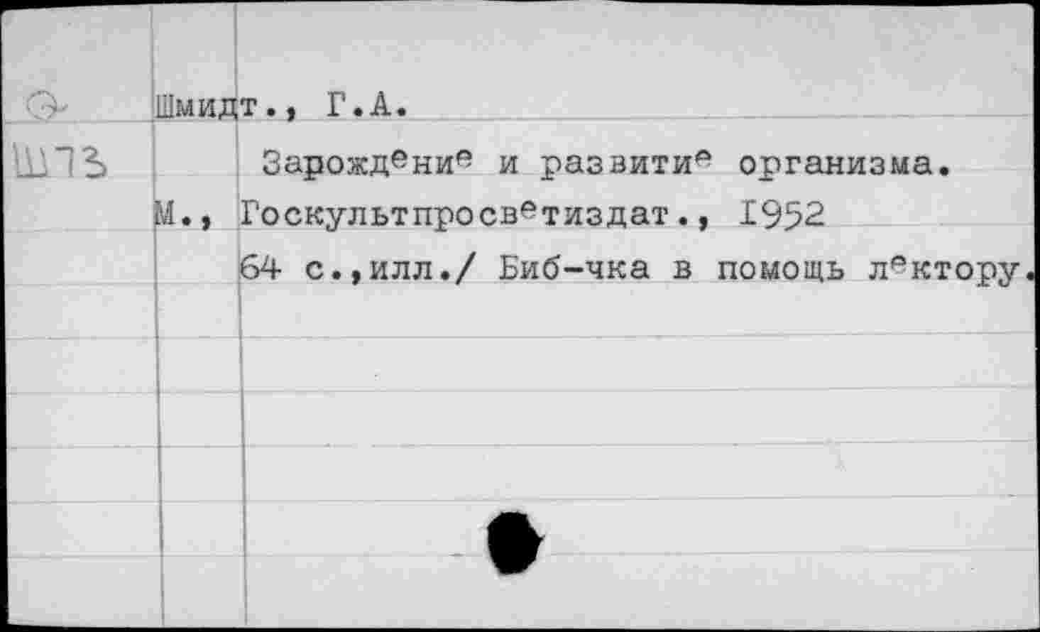 ﻿Шмидт., Г.А.
Зарождение и развитий организма.
М., Госкультпросв-тиздат., 1952
64 с.,илл./ Биб-чка в помощь лектору